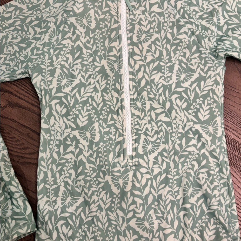 J Crew Crewcuts Floral/ Botanical Rash Guard One-Piece Swimsuit - Seafoam Green - Picture 2 of 4
